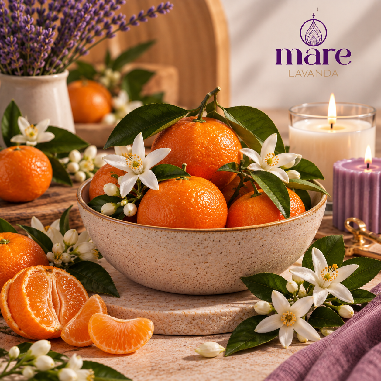 Fragancia Flor de Mandarina Mare Lavanda para velas, jabones, difusores y aromatizantes de aroma floral, cítrico, fresco y elegante.