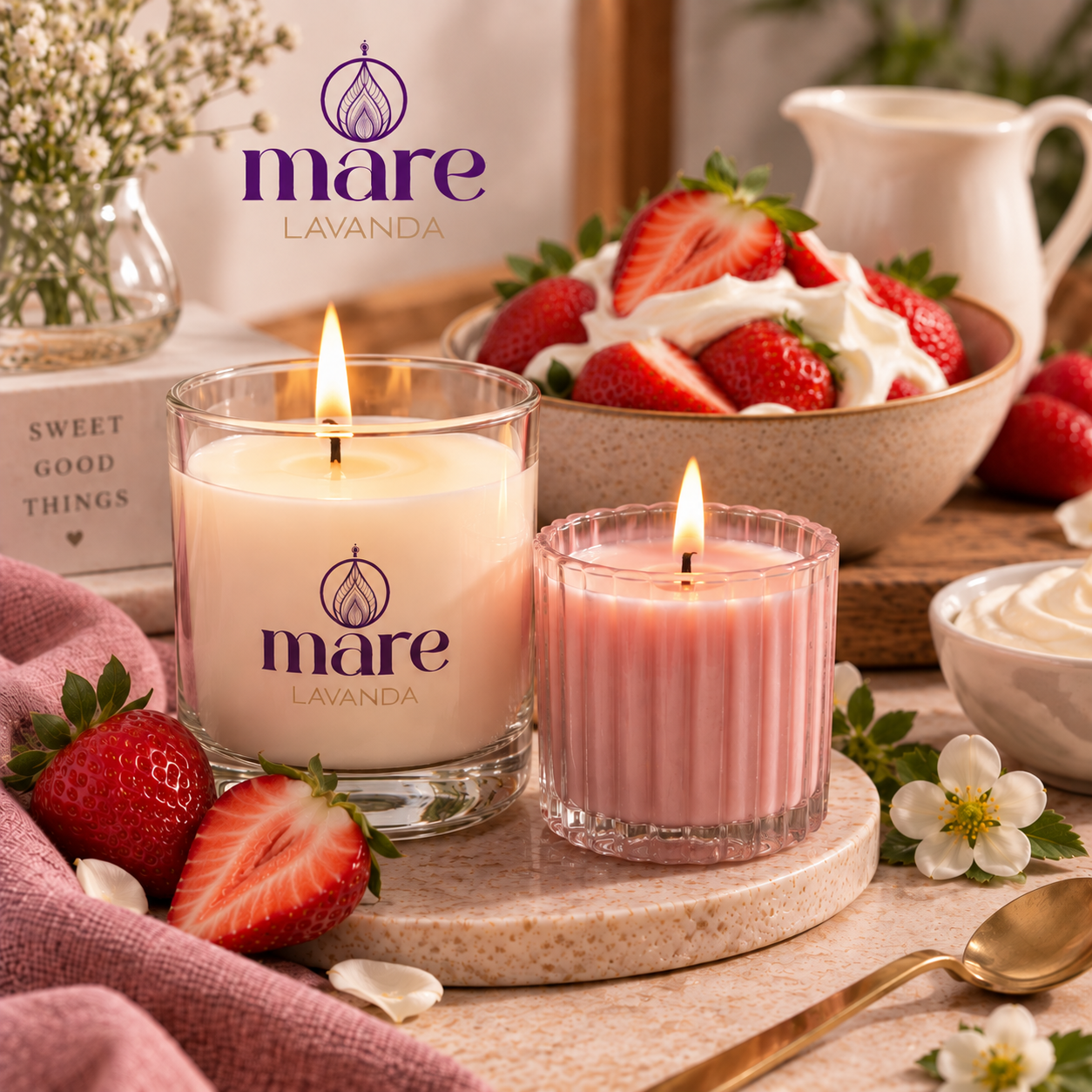 Fragancia Fresas con Crema Mare Lavanda para velas, jabones, difusores y aromatizantes de aroma dulce, frutal, cremoso y gourmand.